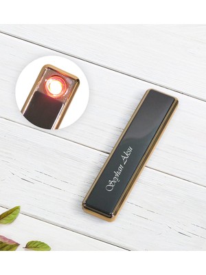 BK Kişiye Özel Isimli USB Şarjlı Siyah Metal Elektrikli Çakmak