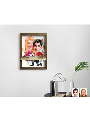 BK Kişiye Özel Sevgililer Karikatürlü Doğal Masif Ahşap Çerçeveli Tablo Duvar Rafı-9