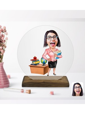 BK Kişiye Özel Kadın Öğretmen Karikatürlü Yuvarlak Ahşap Standlı Biblo-5