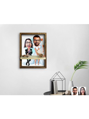 BK Kişiye Özel Sevgililer Karikatürlü Doğal Masif Ahşap Çerçeveli Tablo Duvar Rafı-16