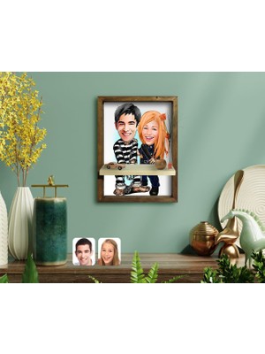 BK Kişiye Özel Sevgililer Karikatürlü Doğal Masif Ahşap Çerçeveli Tablo Duvar Rafı-7
