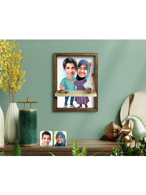 BK Kişiye Özel Sevgililer Karikatürlü Doğal Masif Ahşap Çerçeveli Tablo Duvar Rafı-61