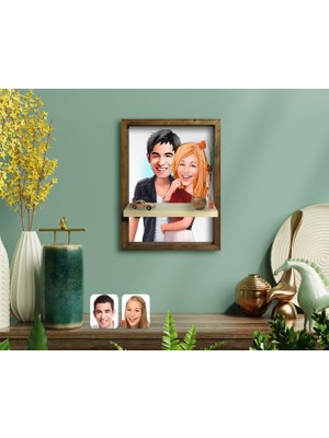 BK Kişiye Özel Sevgililer Karikatürlü Doğal Masif Ahşap Çerçeveli Tablo Duvar Rafı-90