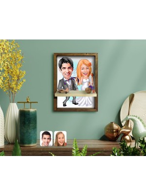 BK Kişiye Özel Evleniyoruz Karikatürlü Doğal Masif Ahşap Çerçeveli Tablo Duvar Rafı-6
