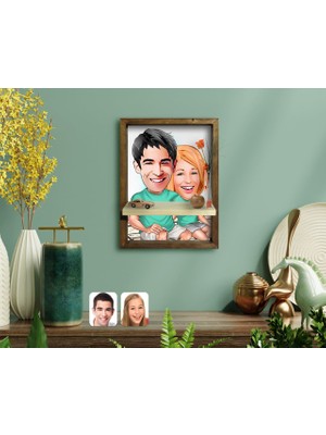 BK Kişiye Özel Sevgililer Karikatürlü Doğal Masif Ahşap Çerçeveli Tablo Duvar Rafı-55