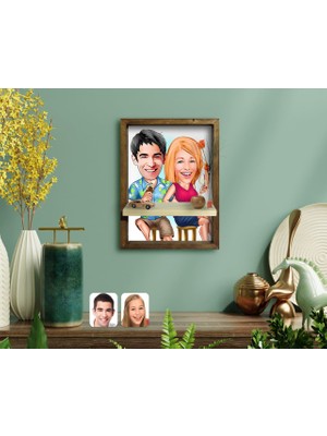 BK Kişiye Özel Sevgililer Karikatürlü Doğal Masif Ahşap Çerçeveli Tablo Duvar Rafı-51