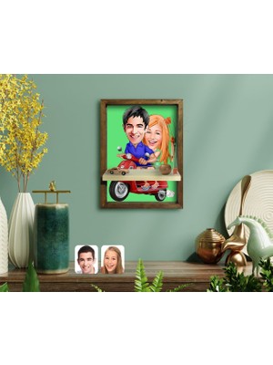 BK Kişiye Özel Sevgililer Karikatürlü Doğal Masif Ahşap Çerçeveli Tablo Duvar Rafı-10