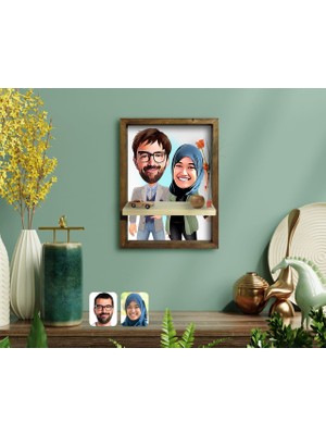 BK Kişiye Özel Sevgililer Karikatürlü Doğal Masif Ahşap Çerçeveli Tablo Duvar Rafı-60