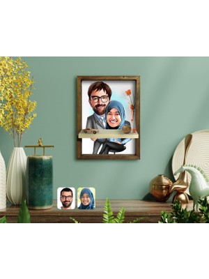 BK Kişiye Özel Sevgililer Karikatürlü Doğal Masif Ahşap Çerçeveli Tablo Duvar Rafı-59