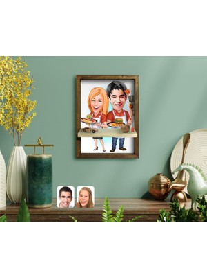 BK Kişiye Özel Sevgililer Karikatürlü Doğal Masif Ahşap Çerçeveli Tablo Duvar Rafı-57