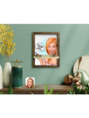 BK Kişiye Özel Kadın Kolay Yetişmiyor Karikatürlü Doğal Masif Ahşap Çerçeveli Tablo Duvar Rafı-7