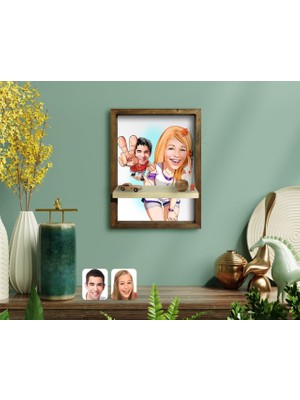 BK Kişiye Özel Sevgililer Karikatürlü Doğal Masif Ahşap Çerçeveli Tablo Duvar Rafı-30