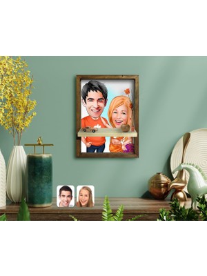 BK Kişiye Özel Sevgililer Karikatürlü Doğal Masif Ahşap Çerçeveli Tablo Duvar Rafı-54