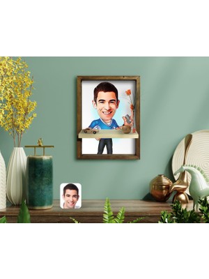 BK Kişiye Özel Erkek Antrenör Karikatürlü Doğal Masif Ahşap Çerçeveli Tablo Duvar Rafı-1