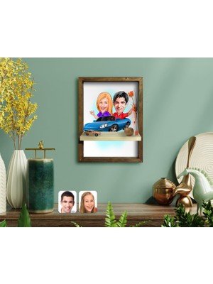 BK Kişiye Özel Sevgililer Karikatürlü Doğal Masif Ahşap Çerçeveli Tablo Duvar Rafı-52