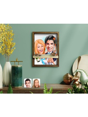 BK Kişiye Özel Evleniyoruz Karikatürlü Doğal Masif Ahşap Çerçeveli Tablo Duvar Rafı-4