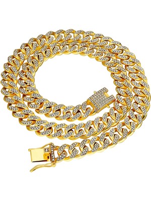 Chavin 13 Mm. Kalın 45 Cm. Taşlı Gold  Alloy Bayan Zincir EK55SR