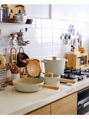 Neoflam Fika Alüminyum Döküm 5 Parça Bej Cam Kapaklı Tencere Tava Seti