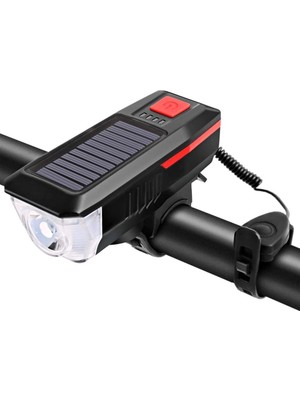 Sarfex Güneş Enerjili USB Şarjlı Bisiklet Lambası Solar Fener Ön Far Işık Aydınlatma Kornalı