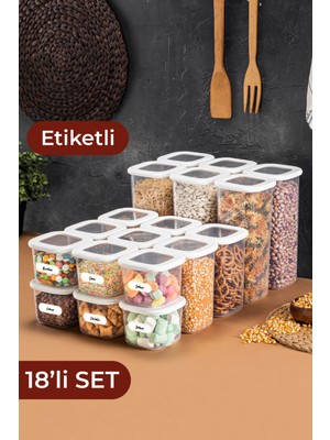 Vienev Etiketli Foly Kare Erzak Saklama Kabı 18'li Set 6x(0,55 Litre, 1,2 Litre, 1,75 Litre)Beyaz