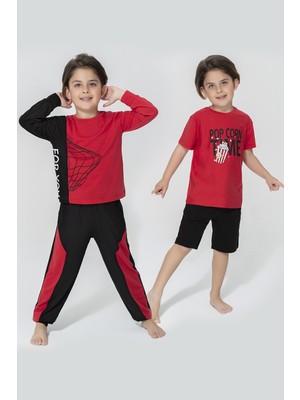 For You Kids 4 lüFor You Pop Corn Desen Kırmızı Siyah Pijama Takımı S27000