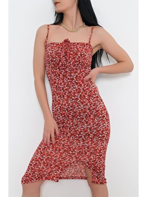 İlkecim Butik Yırtmaçlı Elbise Kırmızıçiçekli - 9931.316.