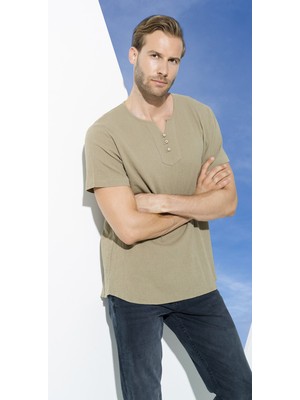 For You Man Organik 3 Düğme Kısakol Haki Gömlek