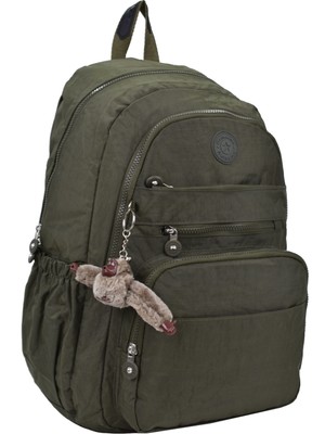 Elatae Su Geçirmez Krinkıl Kumaş Ortopedik Çok Gözlü Okul Sırt Çantası Haki