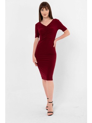 Laranor Bordo V Yaka Yakada Büzgü Detaylı Kalem Elbise