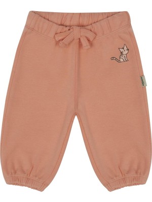 Antebies Organik Turuncu Kedi Nakışlı Beli Lastikli Bağcıklı Kız Bebek Eşofman