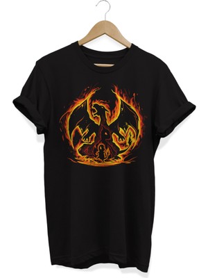 Remonz Pokemon Charizard Evrim Baskılı Pamuklu Oversize T-Shirt