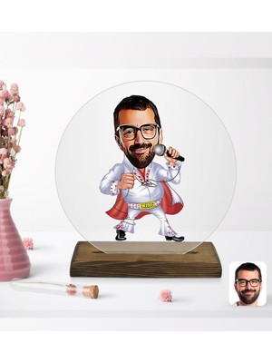 BK Kişiye Özel Elvis Presley Karikatürlü Yuvarlak Ahşap Standlı Biblo-1