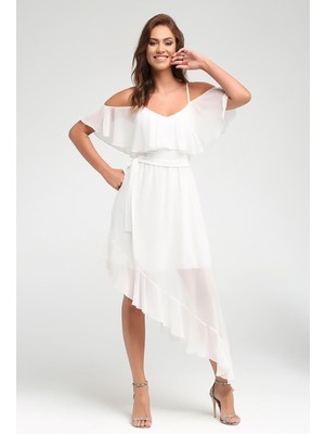 Laranor Ecru Omuz ve Etek Ucunda Volan Detaylı Elbise