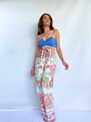 Key Moda Kadın Çiçek Desenli Renkli krep Kumaş Pantolon