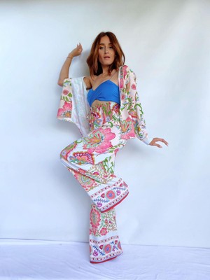 Key Moda Kadın Çiçek Desenli Renkli krep Kumaş Pantolon
