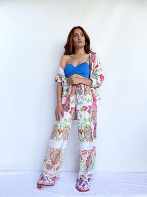 Key Moda Kadın Çiçek Desenli Renkli krep Kumaş Pantolon