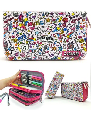 Limmy Kalem Kutusu Müzik Desenli Kawai Organizer Üç Bölmeli Kalemlik