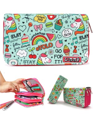 Limmy 3 Bölmeli Kalem Kutusu Jumbo Unicorn Denim Okul Desenli