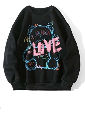 Laluvia Siyah Love Teddy Baskılı Oversize Sweatshirt