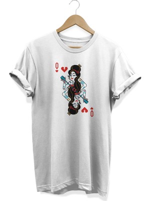 Remonz Amy Winehouse Iskambil Serisi Baskılı Beyaz Oversize T-Shirt