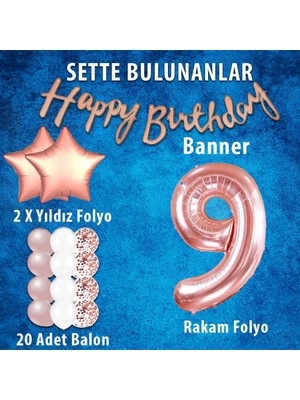 Patladı Gitti Rose Gold Konsept 9 Yaş Doğum Günü Kutlama Seti; Beyaz Gold Konfetili Balon, Rakam Yıldız Folyo ve Banner