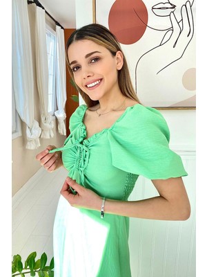 Elbee Fashion Woman Büzgü Yaka Elbise - Mint