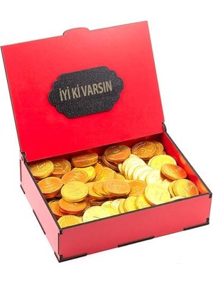 Nostaljik Lezzetler Sevdiklerinize İyi Ki Varsın Yazılı Kırmızı Ahşap Kutusunda Para Çikolata 250 gr