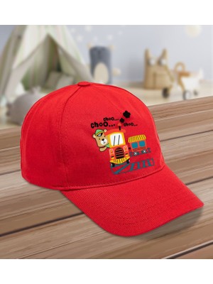 Bk Kids Tren Tasarımlı Cotton Çocuk Şapkası-Kırmızı