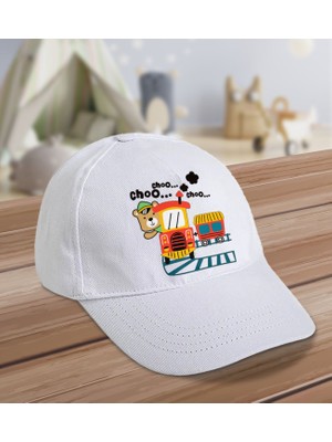 Bk Kids Tren Tasarımlı Cotton Çocuk Şapkası-Beyaz