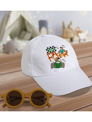Bk Kids Race Time Tasarımlı Beyaz Cotton Çocuk Şapkası ve Sarı Çocuk Güneş Gözlüğü Hediye Seti