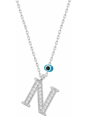Inure Jewelry Gümüş Nazar Rodyum N Harfi Kadın Kolye