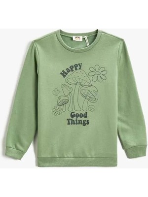 Koton Baskılı Sweatshirt Uzun Kollu Bisiklet Yaka