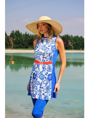 Marina Kadın Parlament Çiçek Desenli Kemer Detaylı Tasarım Yarı Kapalı Mayo M2202