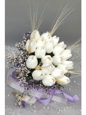 Hayalperest Boncuk Yapay Beyaz Laleli Mor Cipsolu Gelin Buketi ve Damat Çiçeği 20 Adet Lale